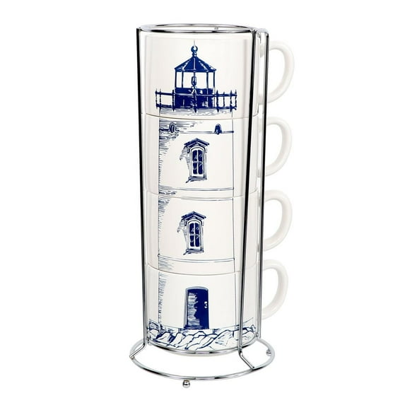 Stacking Set of Lighthouse Mugs with Metal Storage Rack Set of 4
