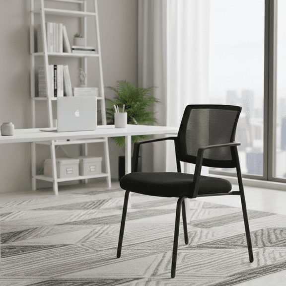 Stacking Waiting Room Guest Chair, 1 PCS Office Mesh Arm Chair with Comfy Padded Seating, Room Saving, Black