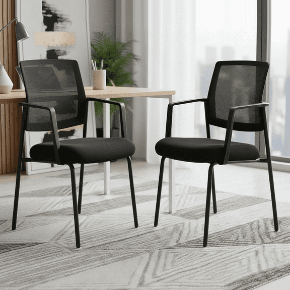 Stacking Waiting Room Guest Chair, Set of 2 Office Mesh Arm Chair with Comfy Padded Seating, Room Saving, Black