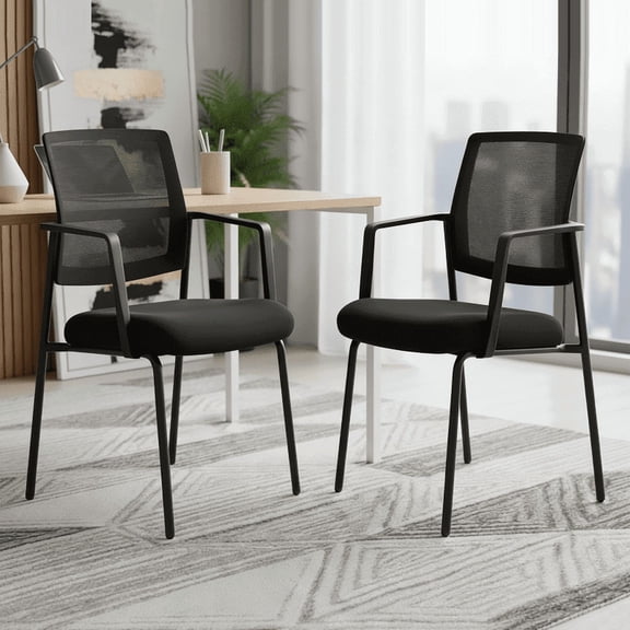 Stacking Waiting Room Guest Chair, Set of 2 Office Mesh Arm Chair with Comfy Padded Seating, Room Saving, Black