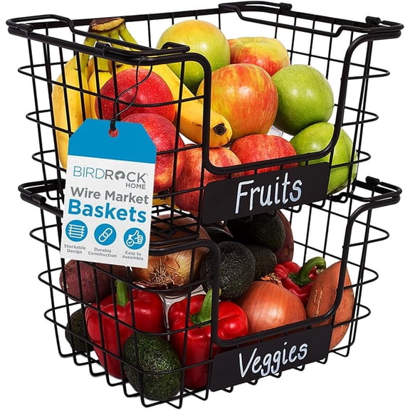 Stacking Wire Market Basket w/Chalk Label - Metal Storage Bin - Kitchen Counter, Pantry Cabinet, Shelves | Fruit, Vegetables, Bread, Onions, Potatoes & Snack - Metallic Black - Set of 2