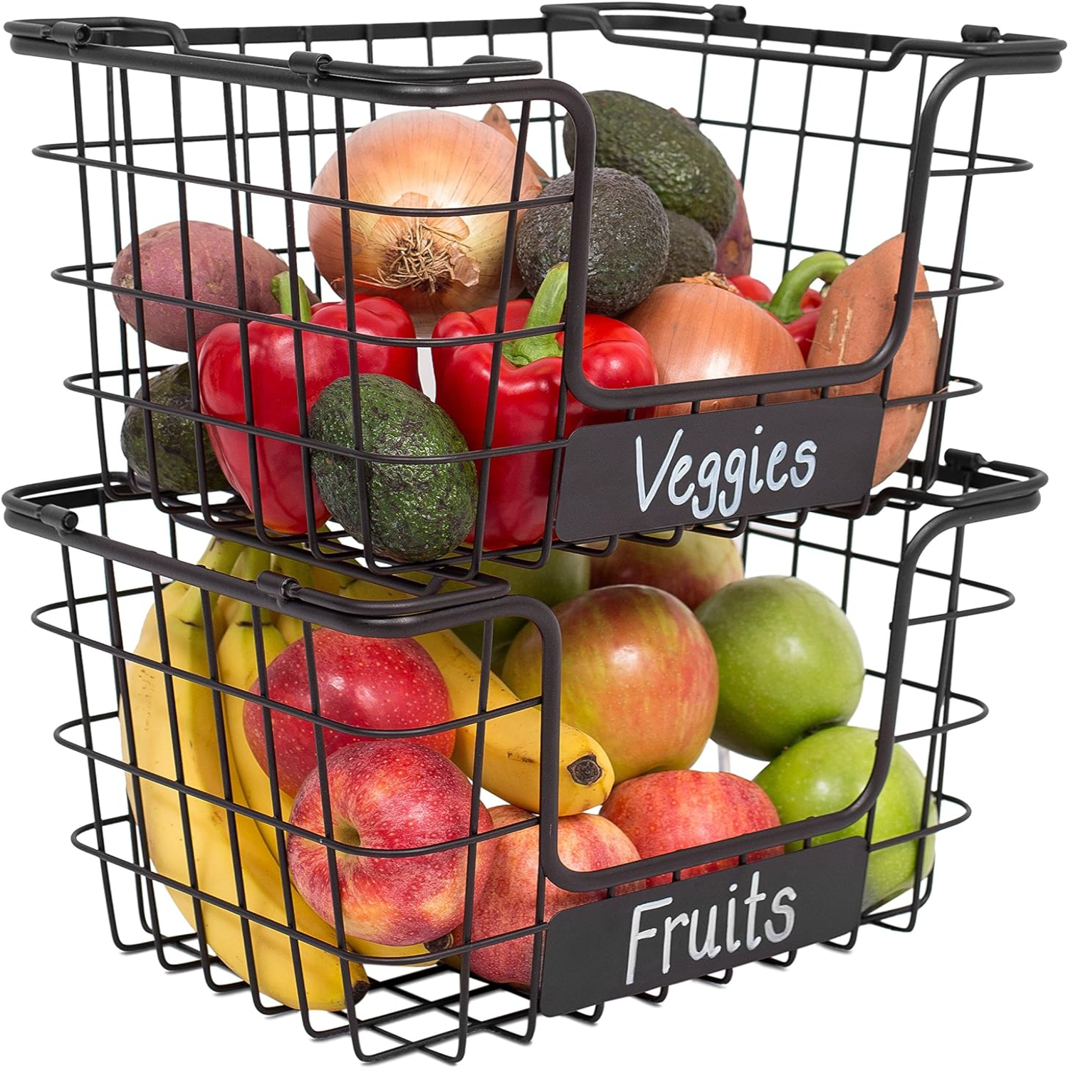 Stacking Wire Market Basket w/Chalk Label Metal Storage Bin Kitchen