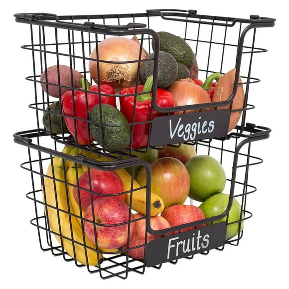 Stacking Wire Market Baskets with Chalk Label - Set of 2 - Fruit Vegetable Produce Metal Storage Bin for Kitchen Counter - Pantry Cabinet - Bathroom Shelves - Metallic Black