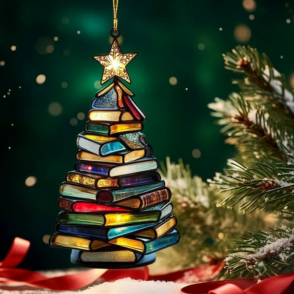 Stacks of Christmas Book Tree Suncatcher Ornament,Book Lover Gifts for Librarians Reader Bookworm Book Club Arcylic Book Tree Ornament Decor for Friends Sister Christmas Birthday Gifts