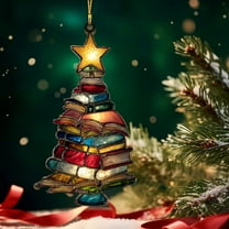 Stacks of Christmas Book Tree Suncatcher Ornament,Book Lover Gifts for Librarians Reader Bookworm Book Club Arcylic Book Tree Ornament Decor for Friends Sister Christmas Birthday Gifts