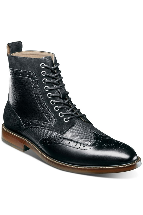 Mens Black Mixed Media Heel Pull-Tab Brogue Cushioned Eyelet Finnegan Wingtip Toe Stacked Heel Lace-Up Leather Dress Boots Shoes 9 M