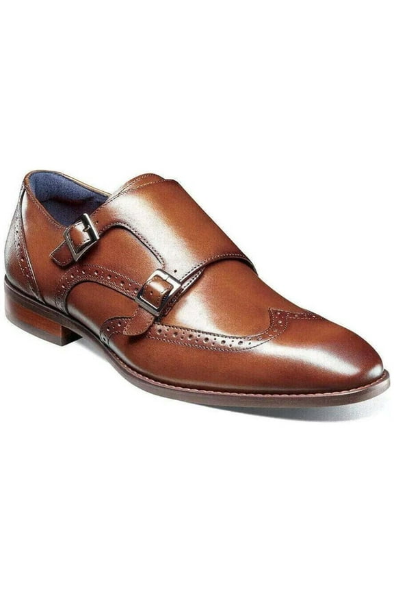 Stacy Adams Karson Wingtip Double Monk Strap Shoes Leather Cognac 25570-221