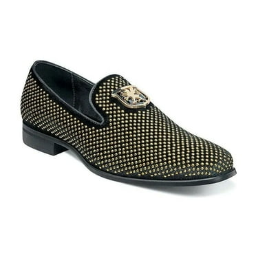 Stacy Adams Men Shoes Swagger Studded Slip On Satin Black Gold 25228-715