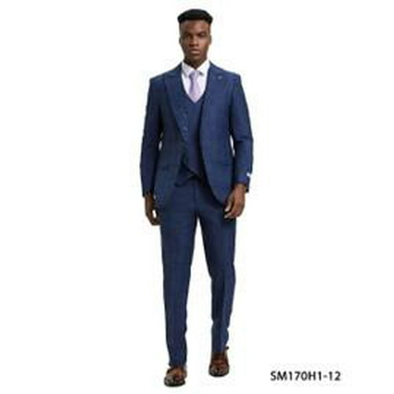 Stacy Adams Men's Blue Plaid 3 Piece Suit DB Vest SM170H1-12