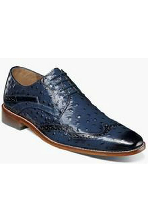 Men's Navy Blue Dress Shoes Wingtip Ostrich Texture 25537-400
