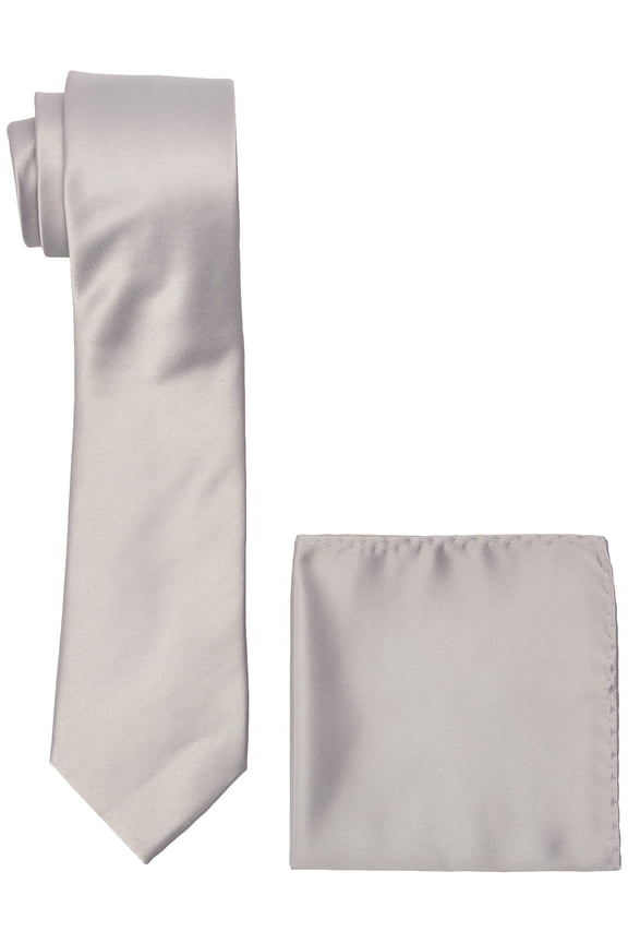 Men's Satin Solid Tie Set, Silver, One Size