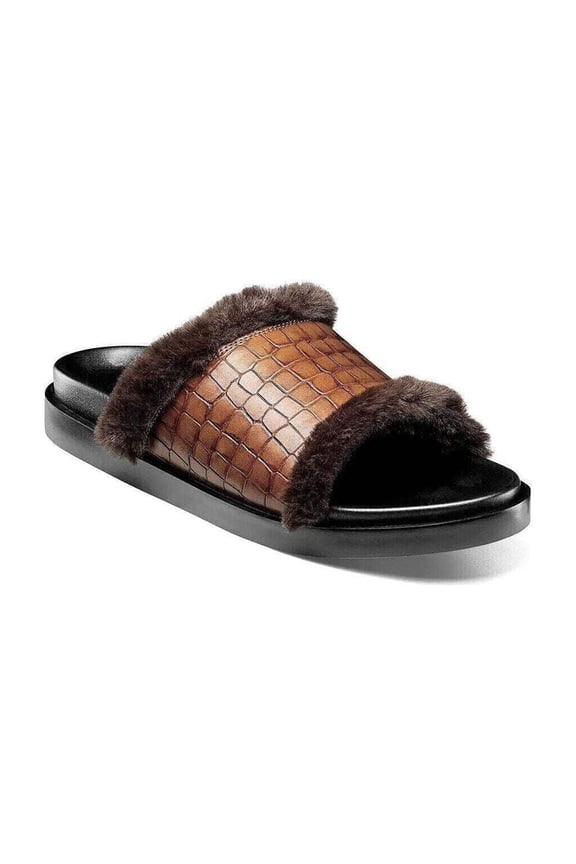 Stacy Adams Monty Slide Sandal Crocodile Print Faux Fur Cognac 25560-221