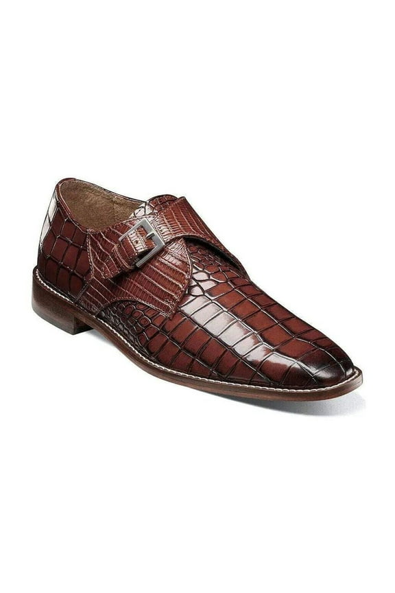 Stacy Adams Rapino Plain Toe Monk Strap Shoes Animal Print Cognac 25637-221