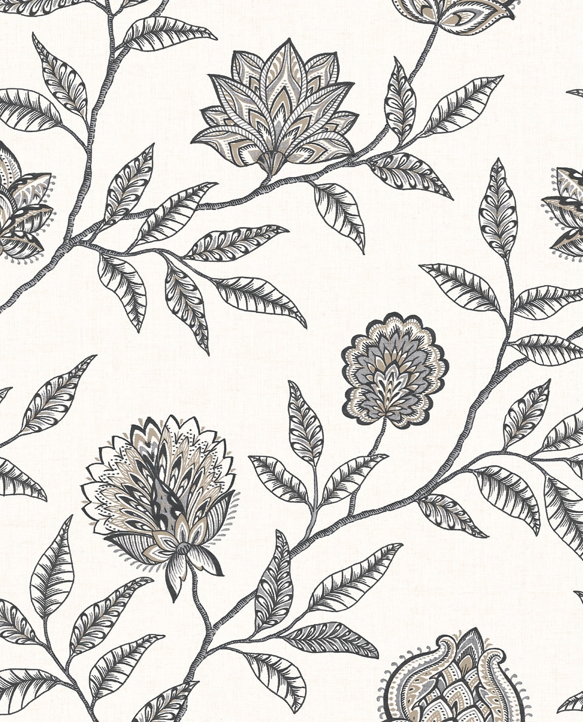 Gray and Black Jacobean Floral Peel and Stick Vinyl Wallpaper