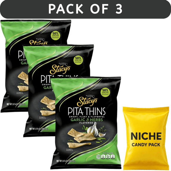 Stacys Garlic & Herbs Pita Chips 6.75oz (3 Pack) + Free Candy Pack Included