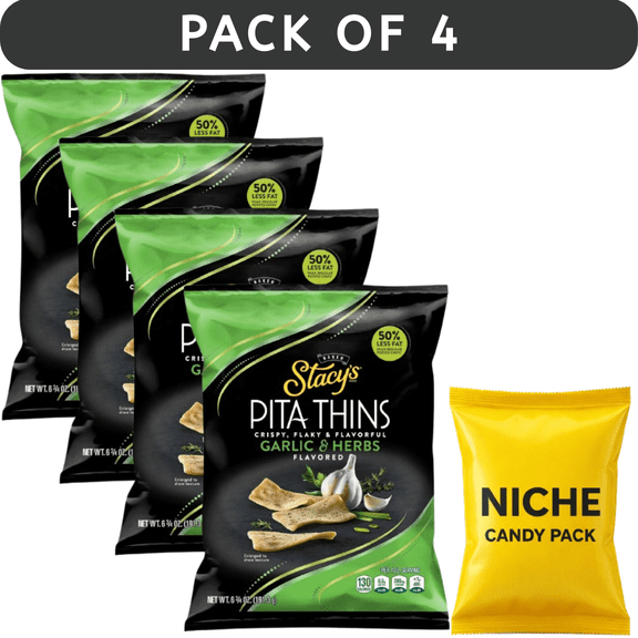 Stacys Garlic & Herbs Pita Chips 6.75oz (4 Pack) + Free Candy Pack Included