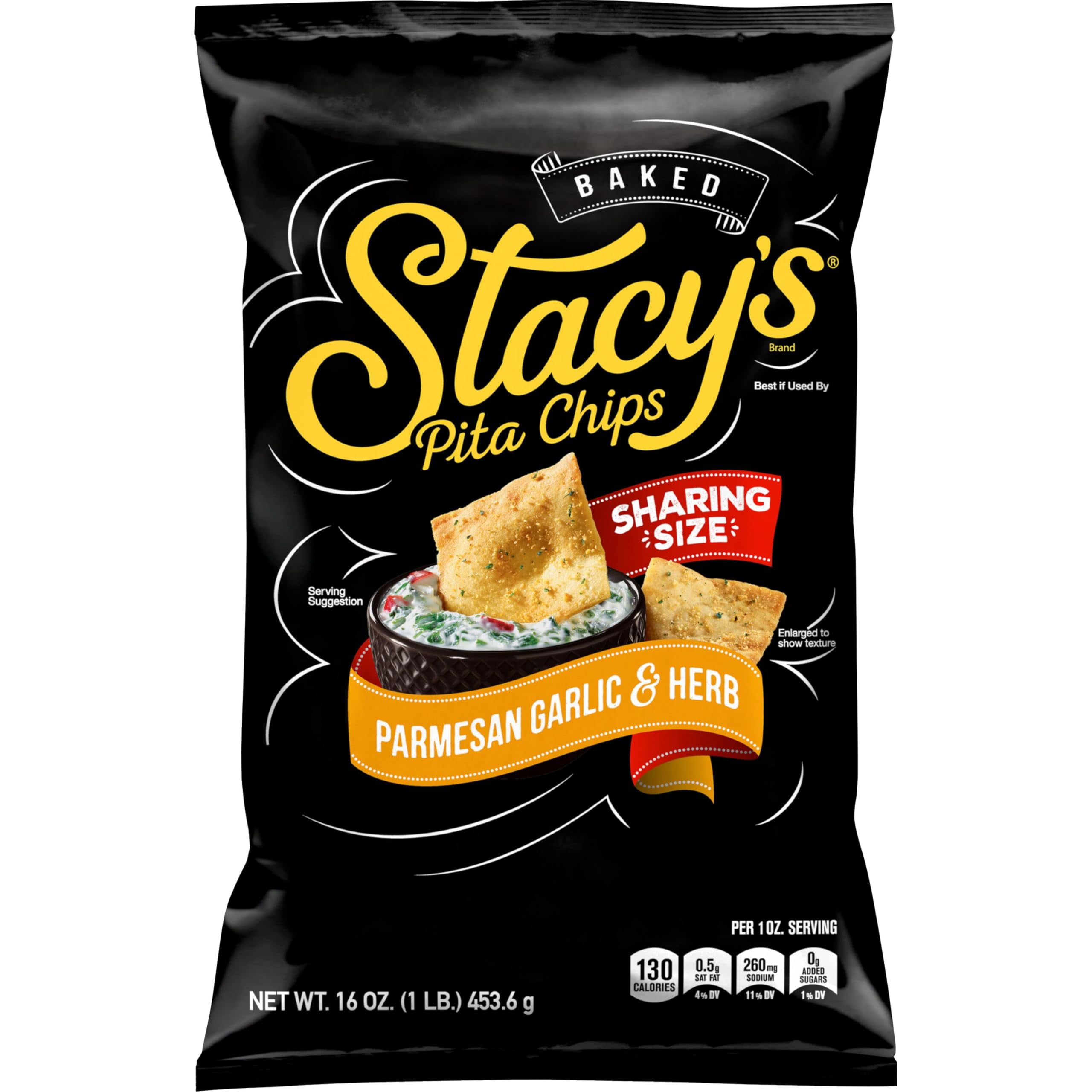 Stacy's Pita Chips, Parmesan HMF23 Garlic & Herb Baked Chips, 16 Oz Snack Bag