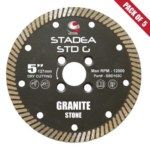 Stadea SBD105C Diamond Saw Blade 5-Inch Continuous Turbo For Grinder - Granite Dry Cutting, 8 MM Segments - Pack of 5