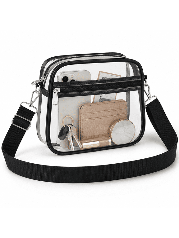 Clear Bag for Stadium Events, Stadium Approved Clear Crossbody Purse with Adjustable Strap and Front Pocket, 6.1 x 8.46 x 2.76 in, Black