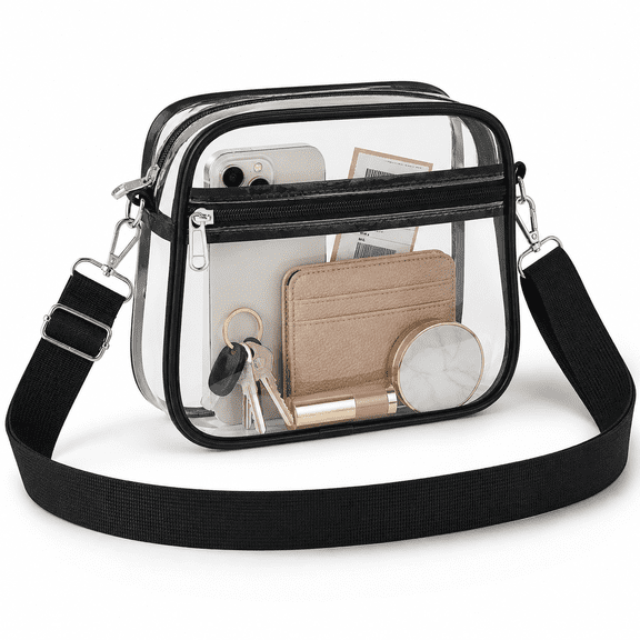 Himonut Clear Bag for Stadium Events, Stadium Approved Clear Crossbody Purse with Adjustable Strap and Front Pocket, 6.1 x 8.46 x 2.76 in, Black