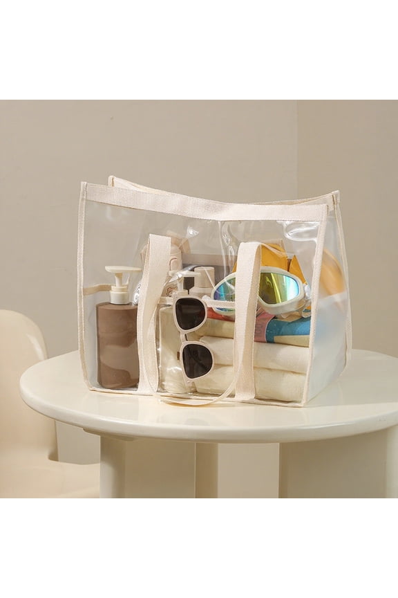 Stadium Approved Clear Tote Bag 40x32x20cm, Staron Heavy Duty PVC Transparent Purse with Reinforced Handles, Portable Security Bag for Work Beach Travel Concert, Beige
