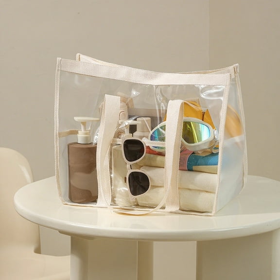 Stadium Approved Clear Tote Bag PVC Transparent Carry All with Pockets for Beach Concert Security Check(Beige)