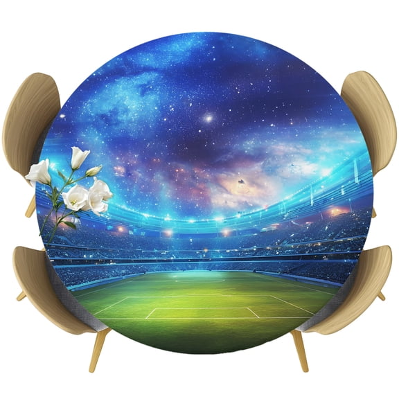 Stadium Night Round Tablecloth 36-44 Inch Round Fitted Table Cloth with Elastic Edge, Football Field Sky Waterproof Table Cover Protector for Outdoor Picnic Party Dining