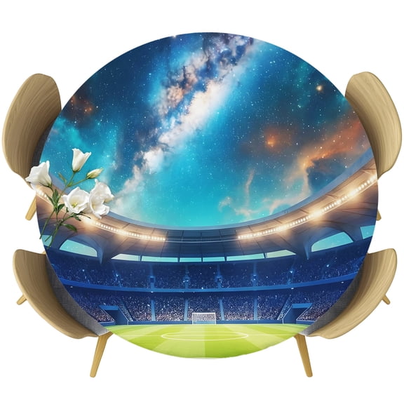 Stadium Round Tablecloth 36-44 Inch Round Fitted Table Cloth with Elastic Edge, Football Field Blue Starry Grand Waterproof Table Cover Protector for Outdoor Picnic Party Dining