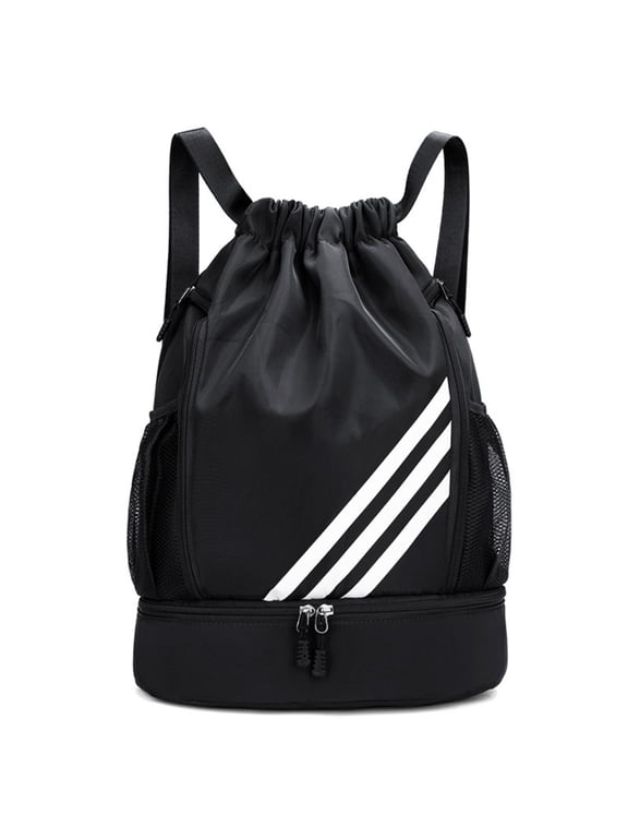 Stadium Sackpack, Sports Drawstring Backpack, Water Resistant Gym Bag with Shoes Compartment and Water Bottle Holder Pockets, for Gym, Travel, Swimming, Beach, Men Women (Black)