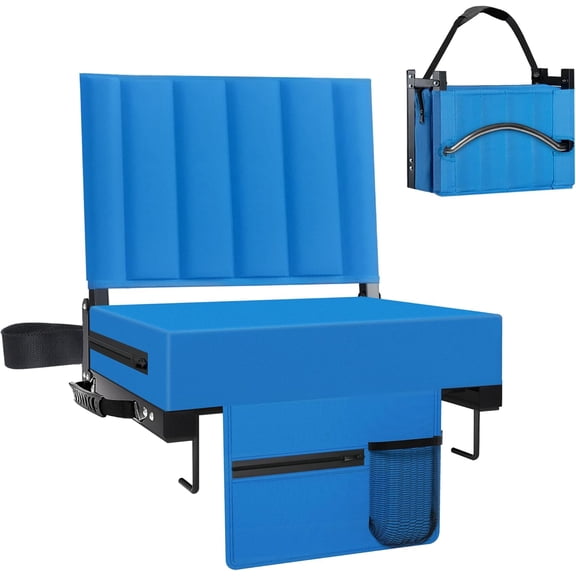 Stadium Seat for Bleachers with Back Support and Cushion, Bleacher Seats with Shoulder Strap and Cup Holder, Padded Portable Folding Comfort Stadium Chair, for Sports Events, Blue (1pcs)