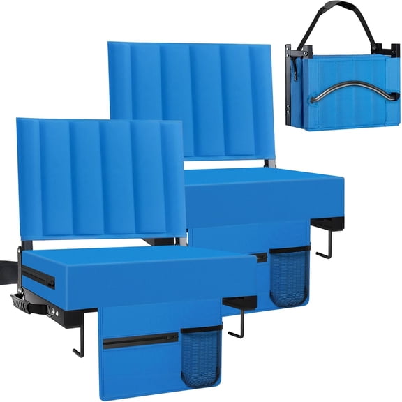 Stadium Seat for Bleachers with Back Support and Cushion, Bleacher Seats with Shoulder Strap and Cup Holder, Padded Portable Folding Comfort Stadium Chair, for Sports Events, Blue (2pcs)