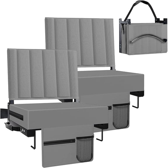 Stadium Seat for Bleachers with Back Support and Cushion, Bleacher Seats with Shoulder Strap and Cup Holder, Padded Portable Folding Comfort Stadium Chair, for Sports Events, Grey (2pcs)