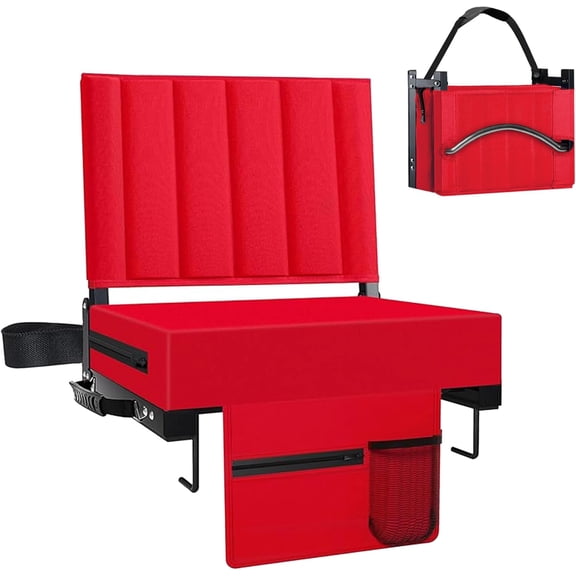Stadium Seat for Bleachers with Back Support and Cushion, Bleacher Seats with Shoulder Strap and Cup Holder, Padded Portable Folding Comfort Stadium Chair, for Sports Events, Red (1pcs)