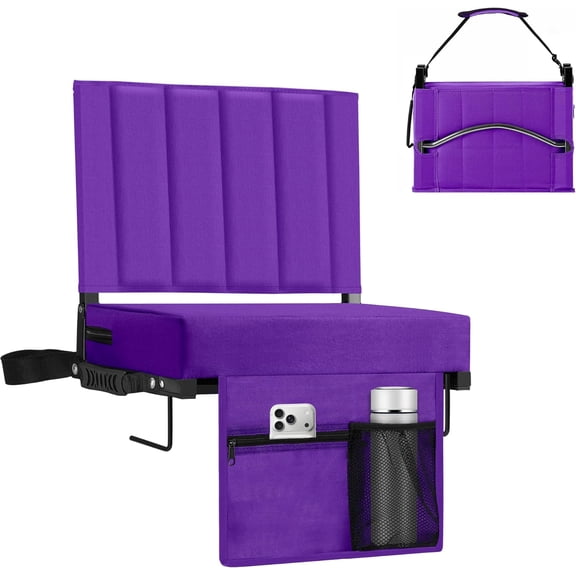 Stadium Seat for Bleachers with Back Support, Portable Bleacher Seat with Wide Comfy Padded Cushion, Metal Hook, Folding Stadium Chair with Shoulder Strap, Carry Handle, Cup Holder