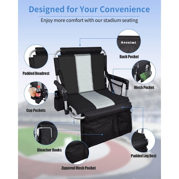 Stadium Seat with Back Support, Portable Fording Bleacher Chair with Cushion and Armrest, Cup Holder, Mesh Bag and Hidden Hook, Football, Soccer