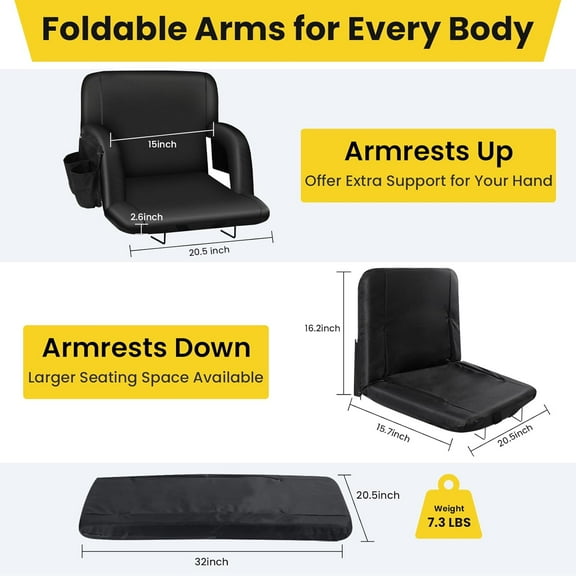 Stadium Seats with Back Support - 2.6'' Thick Padded Bleacher Seat, 6 Reclining Positions, Foldable Armrests, 3 Pockets, Steel Bleacher Hooks, Portable Strap for Sport Events, Beaches, Camping