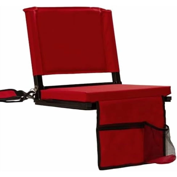 Stadium Seats with Back Support for Bleachers Portable Padded Folding Bleacher Chairs with Back and Cushion, 3 Large Mesh Pockets, Shoulder Strap & Carry Handle (1, Red, 17"W x 11.2"D x 15.2"H)
