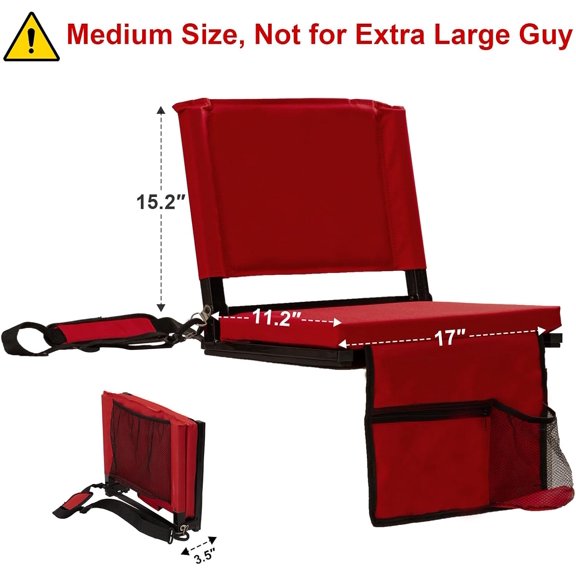 Stadium Seats with Back Support for Bleachers Portable Padded Folding Bleacher Chairs with Back and Cushion, 3 Large Mesh Pockets, Shoulder Strap & Carry Handle (1, Red, 17"W x 11.2"D x 15.2"H)