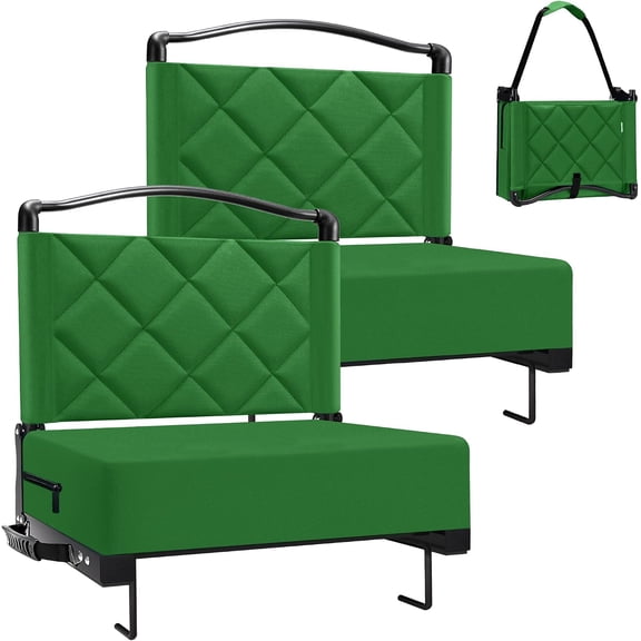 Stadium Seats with Back Support Cushion, Folding Stadium Seats for Bleachers Hold up 400lbs, Wide Bleacher Seat with Shoulder Strap & Handle Comfort for Sports Events (Green, 2pcs)