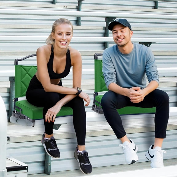 Stadium Seats with Back Support Cushion, Folding Stadium Seats for Bleachers Hold up 400lbs, Wide Bleacher Seat with Shoulder Strap & Handle Comfort for Sports Events (Green, 2pcs)