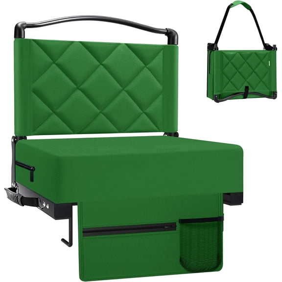 Stadium Seats with Back Support and Cushion Thick Padded Bleacher Chairs with Shoulder Strap, Portable Folding Stadium Seat Chairs for Bleachers Include Cup Holder and Side Pocket, Green