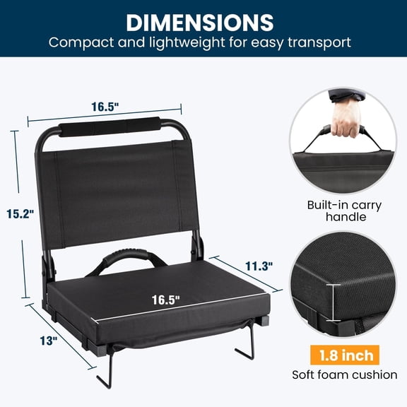 Stadium Seats for Bleachers with Back Support, Portable Bleacher Seats with Thick Padded Cushion and Carry Handle, Wide Stadium Seat Chair Includes Hooks, Cup Holder and Side Pocket