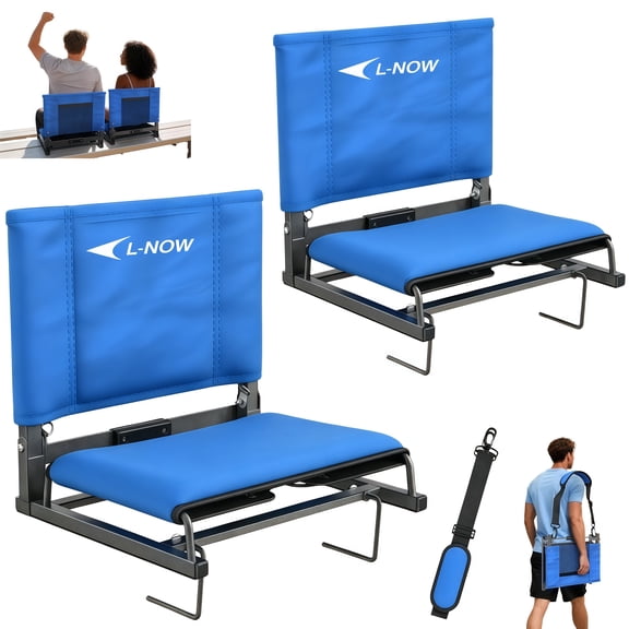 Lnow Stadium Seats with Back Support and Cushion, 2 Pack Portable Bleacher Chairs with Storage Bag and Shoulder Strap Grandstand Chairs for Outdoor Camping