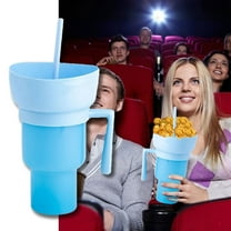 Stadium Tumbler with Snack Bowl 32 oz 2 in 1 Travel Cup with Snack Bowl Leak Proof Snack and Drink Cup Portable Reusable Snack Tumbler Cup with Bowl on Top and Straw (Blue)