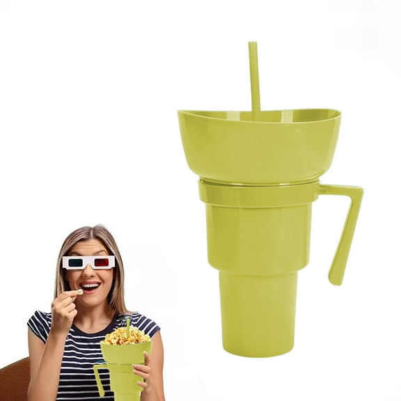 Stadium Tumbler with Snack Bowl 33 oz 2 in 1 Travel Cup with Snack Bowl Leak Proof Snack and Drink Cup Portable Reusable Snack Tumbler Cup with Bowl on Top and Straw (Yellow)