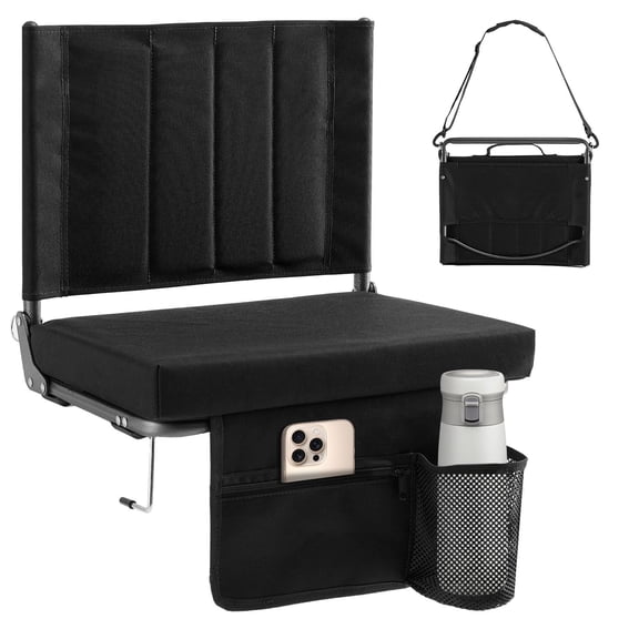 Stadium seats with backrest support, thick seats with cup holders, storage pockets, padded shoulder straps and built-in handles, and step-like design