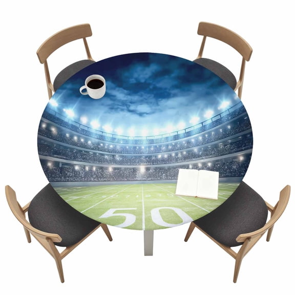 Stadiums Round Fitted Tablecloth with Elastic Edge Rugby Sports Venues Sky Table Cover Fit for 55"-60" Tables Waterproof Tablecloths for Dinner Camping Picnic