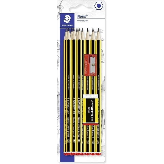 Staedtler 121 Noris Pencils with Mini Eraser and Single Hole Sharpener - Blister Pack of 12