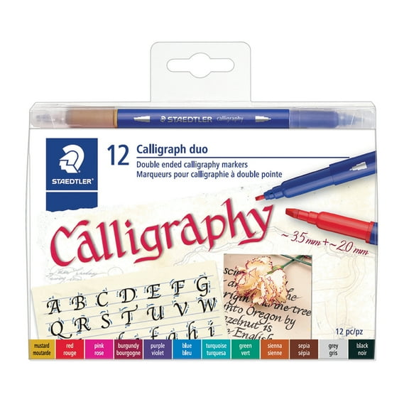 STAEDTLER Calligraph Duo Double-Ended Calligraphy Markers, 12 Count, Multi-Color, Archival Safe Ink