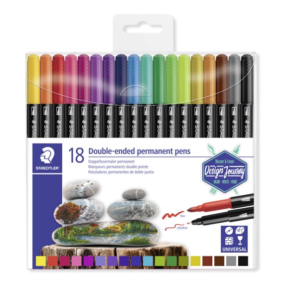 Staedtler Duo-Ended Markers, Fine/Ultra-Fine Points, Black Barrels, Assorted Ink Colors, Pack Of 18 Markers